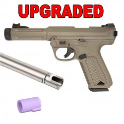 Pistola AAP01 tan + cañón Dual Bore + Goma Modify lila by Fijo Custom